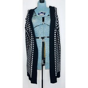 Women’s Open Front Long Cardigan B & W Squares